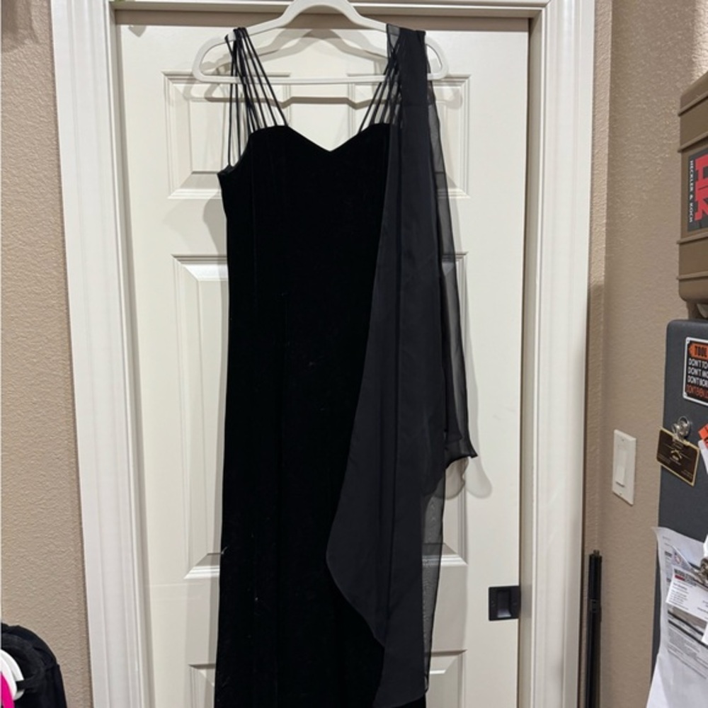 VINTAGE 90s Another Thyme Black Velvet Multi-Strap Maxi Dress w Sheer wrap